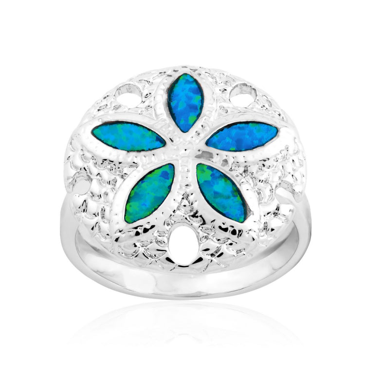 Sterling Silver Sand Dollar w/Blue Inlay Opal Ring