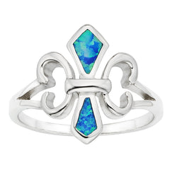 Sterling Silver Blue Inlay Opal Fleur De Lis Ring