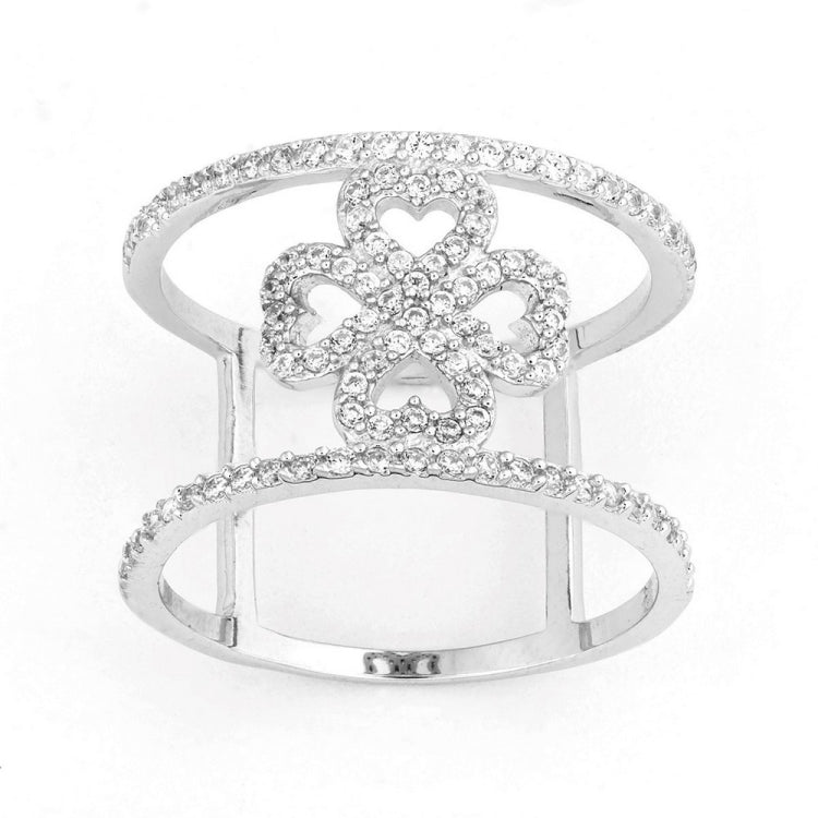 Sterling Silver Double CZ Wire with Center CZ Flower Wide Ring