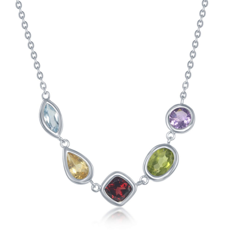 Sterling Silver 16+2" Multicolored Gemstone Center Linked Necklace