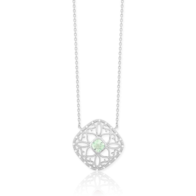 (SPECIAL ORD) Sterling Silver open, silveOpen Square Diamond & Center Green Quartz Gemstone Necklace