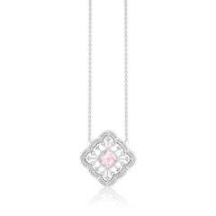 (SPECIAL ORD) Sterling Silver Diamonds with Center Rose Quartz Square Necklace
