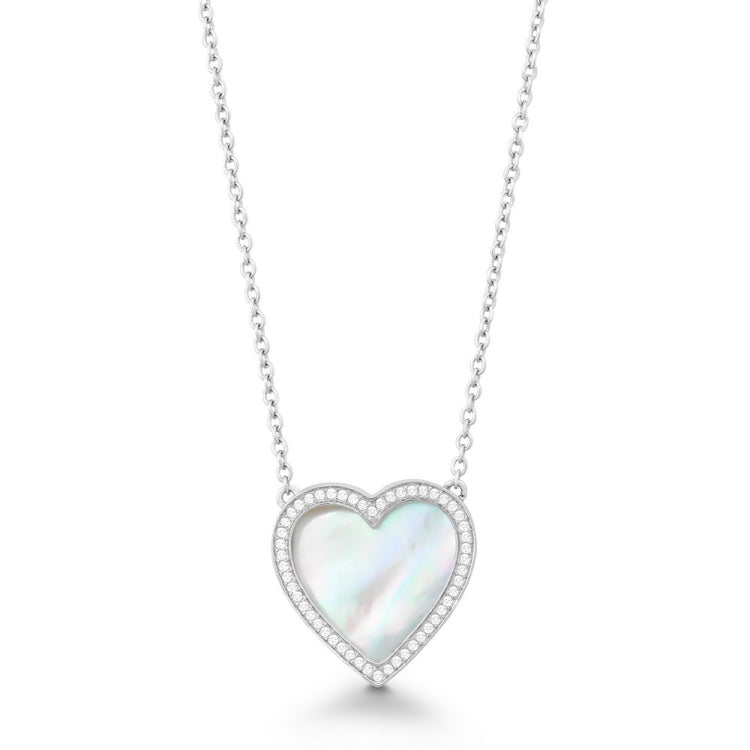 Sterling Silver 16+2" CZ Outline Heart with White MOP Necklace