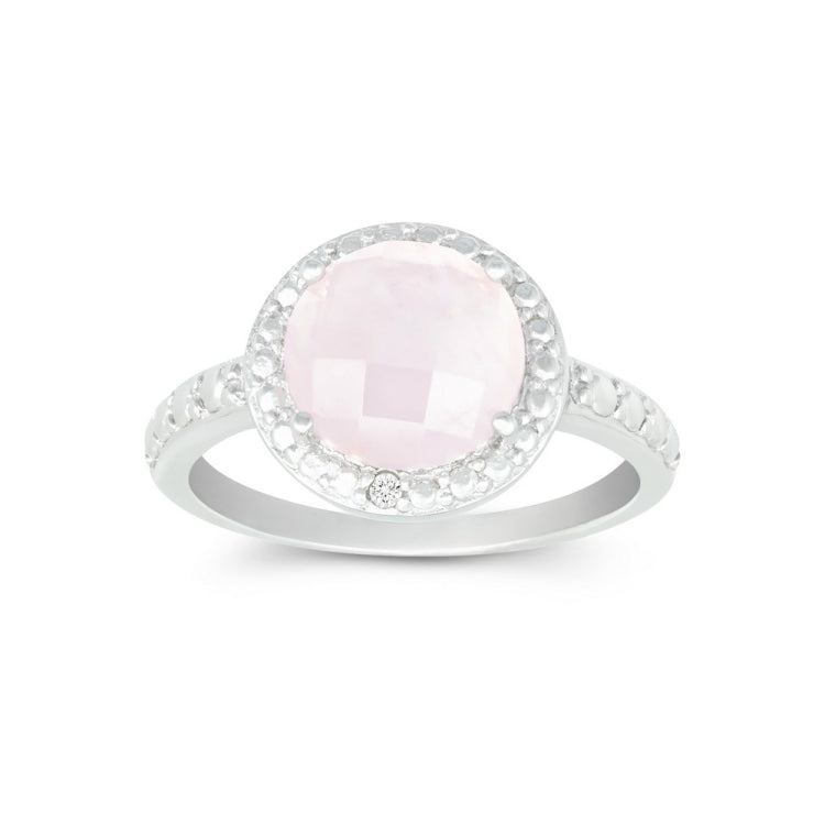 Sterling Silver Diamond Border with Center Round Rose Quartz Ring