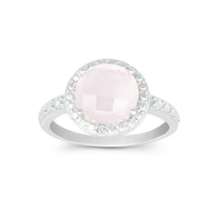 Sterling Silver Diamond Border with Center Round Rose Quartz Ring