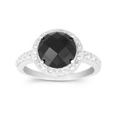 Sterling Silver Diamond Border with Center Round Onyx Ring