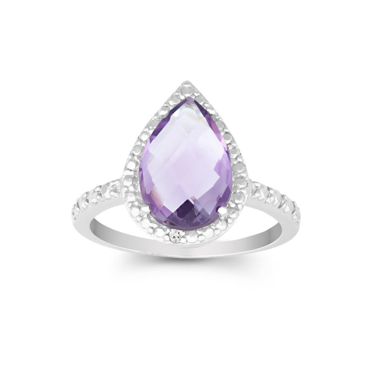 Sterling Silver Diamond with Large Amethyst Teardrop Ring