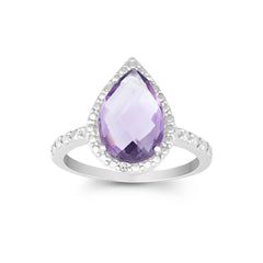 Sterling Silver Diamond with Large Amethyst Teardrop Ring