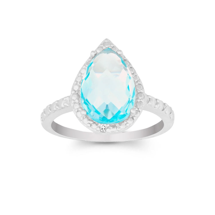 Sterling Silver Diamond with Large Blue Topaz Teardrop Ring