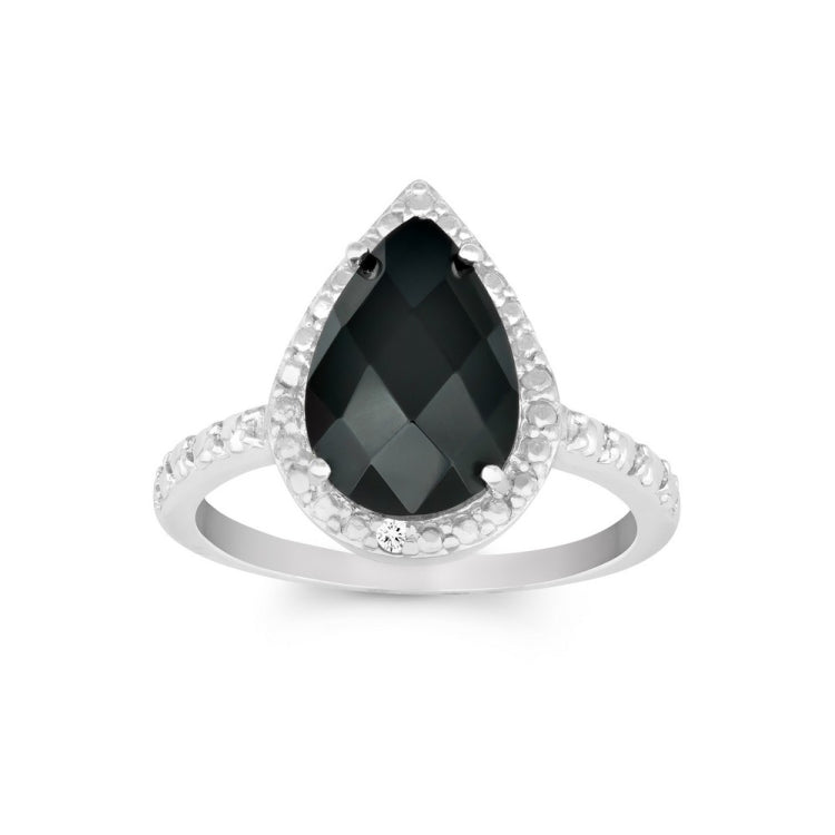 Sterling Silver Diamond with Large Onyx Teardrop Ring