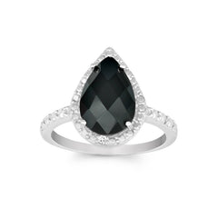 Sterling Silver Diamond with Large Onyx Teardrop Ring