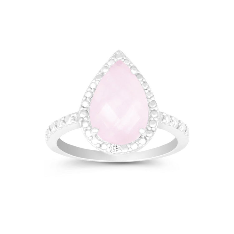 Sterling Silver Diamond with Large Rose Quartz Teardrop Ring