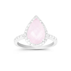 Sterling Silver Diamond with Large Rose Quartz Teardrop Ring