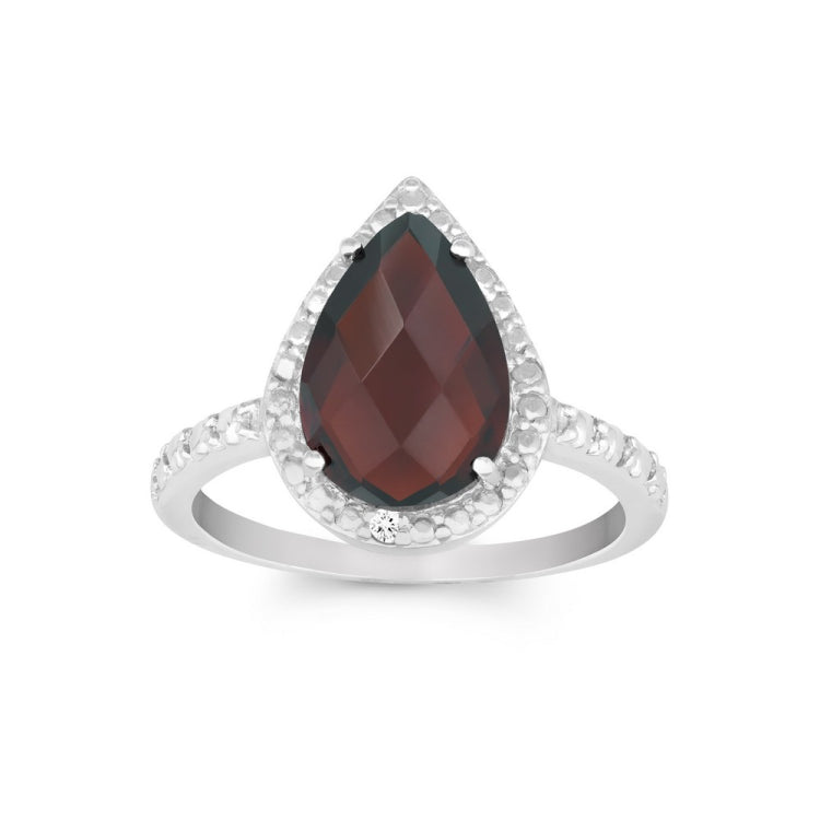 Sterling Silver Diamond with Large Garnet Teardrop Ring