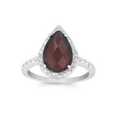 Sterling Silver Diamond with Large Garnet Teardrop Ring