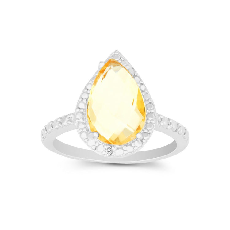 Sterling Silver Diamond with Large Citrine Teardrop Ring