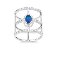 Sterling Silver Wide Triple Row with Center Blue Oval CZ Ring