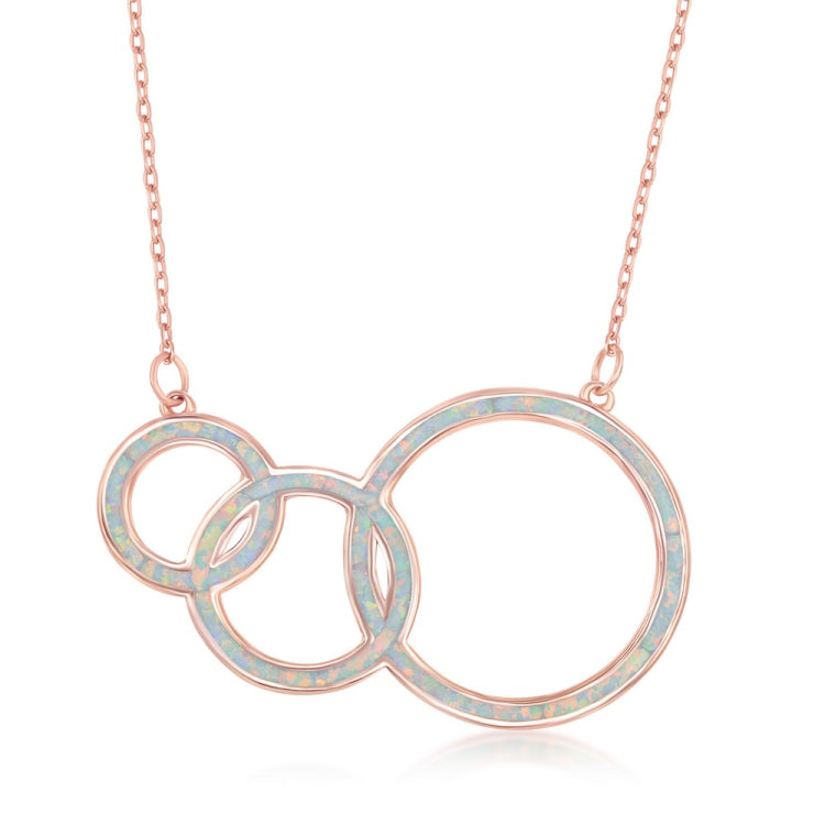 Sterling Silver White Inlay Opal Triple Open Circle Three Generation Necklace - Rose Gold Plated