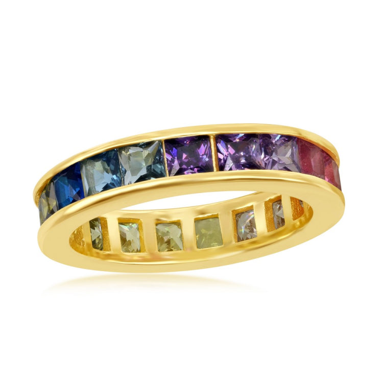 Sterling Silver Gold Plated Channel Set Rainbow CZ Eternity Band Ring