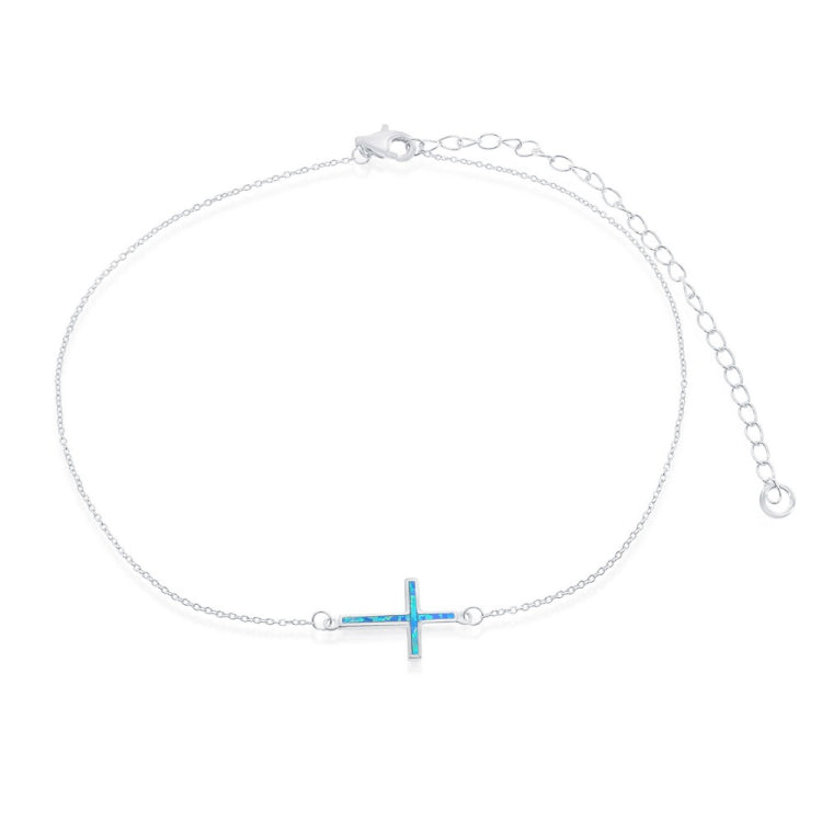 Sterling Silver Blue Inlay Opal Sideways Cross Choker