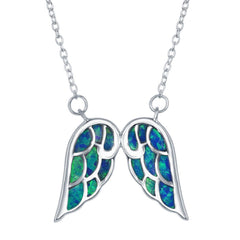 Sterling Silver Blue Inlay Opal Angel Wings Necklace