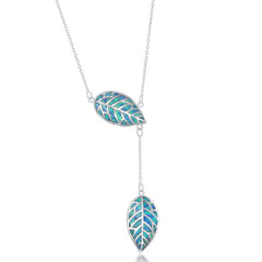Stelring Silver Blue Inlay Opal Leaf with Hanging Leaf Lariat Neckalce