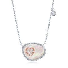 Sterling Silver Oval MOP and RG CZ Heart w/ Single Bezel Set CZ Neckalce