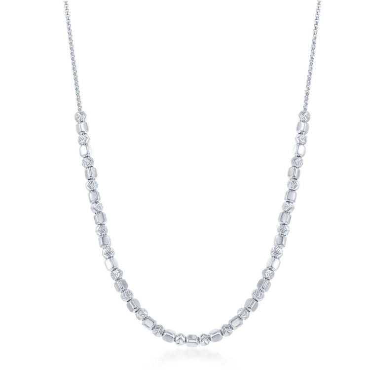Sterling Silver Alternating Square Bead w/ Diamond Cheveron Cut Bead Necklace