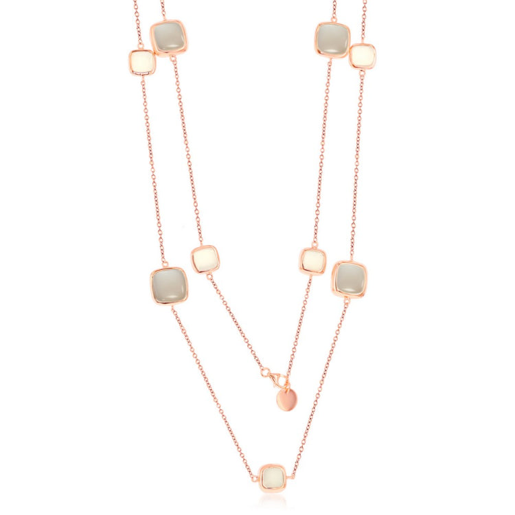 Sterling Silver RG Alternating White & Light Grey Moon Stone Square Neckalce