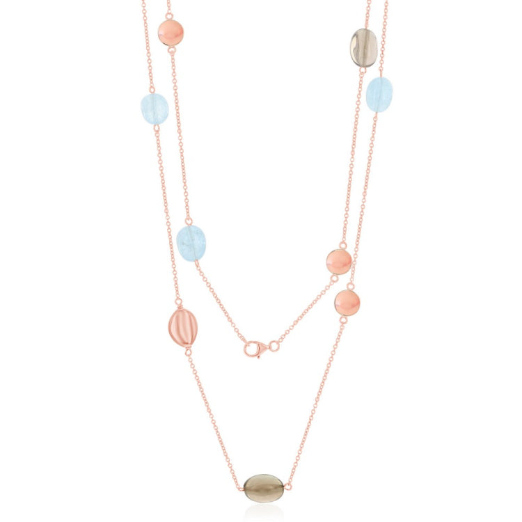 Sterling Silver RG Multi-Shaped Oval Natural Aquamarine & Smokey Quartz Necklace