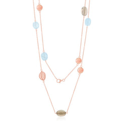 Sterling Silver RG Multi-Shaped Oval Natural Aquamarine & Smokey Quartz Necklace