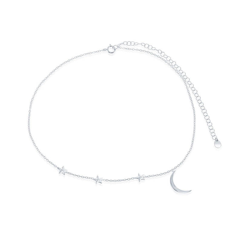 Sterling Silver Center Crescent Moon with Three Stars by the Yard Choker