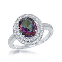Sterling Silver Oval Simulated Rainbow with CZ Border Ring