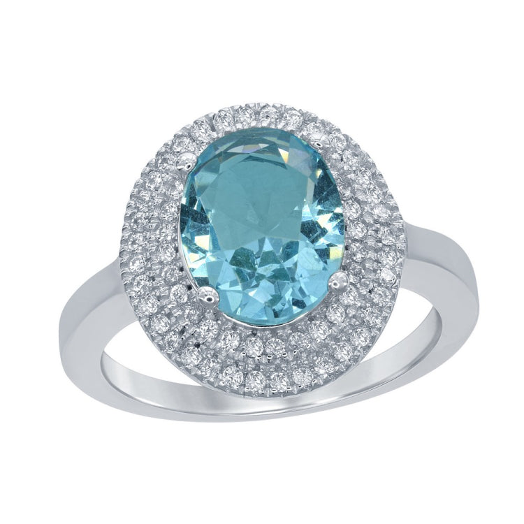 Sterling Silver Oval Simulated Blue Topaz with CZ Border Ring