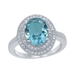 Sterling Silver Oval Simulated Blue Topaz with CZ Border Ring