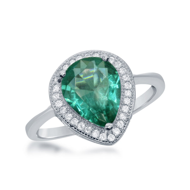 Sterling Silver Teardrop Simulated Emerald with CZ Border Ring