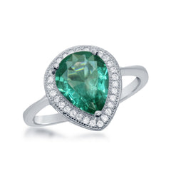 Sterling Silver Teardrop Simulated Emerald with CZ Border Ring