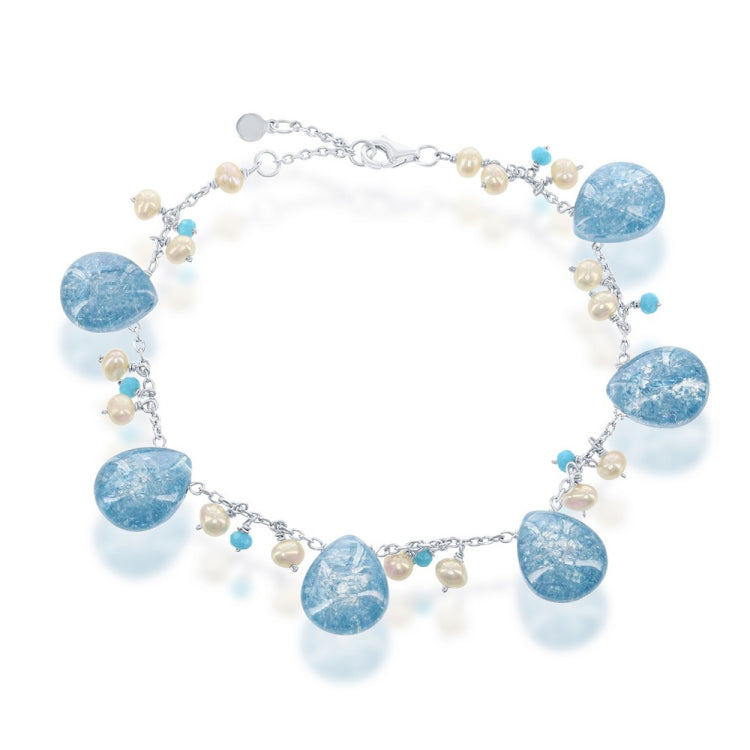Silver Teardrop Blue Ice with Small Cultured Pearls and Turquoise Beads Bracelet