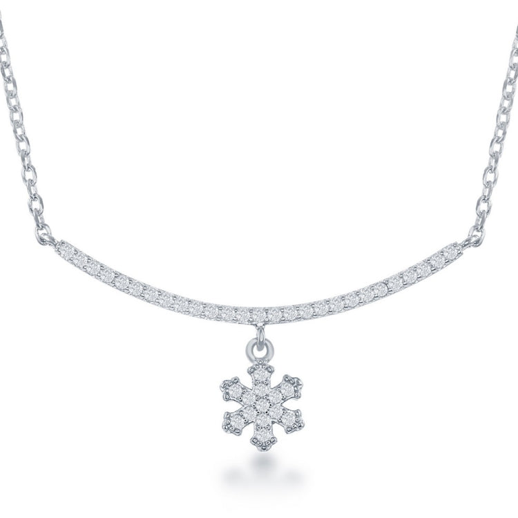 Sterling Silver CZ Curved Bar with Dangling Snowflake Necklace