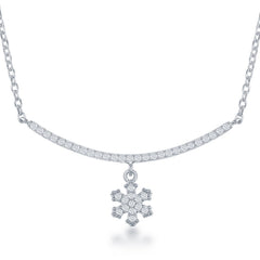Sterling Silver CZ Curved Bar with Dangling Snowflake Necklace