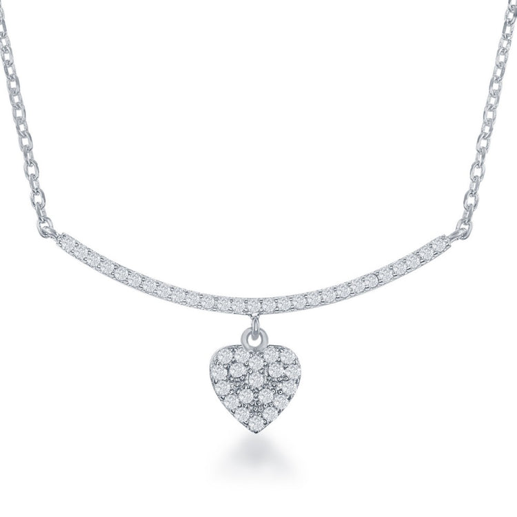 Sterling Silver CZ Curved Bar with Dangling Heart Necklace