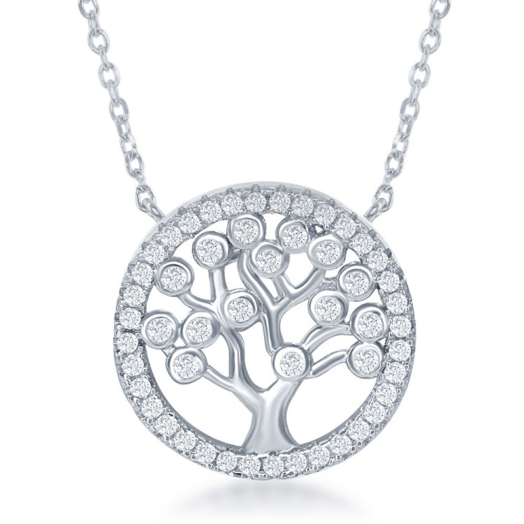 Sterling Silver Round CZ Tree Necklace