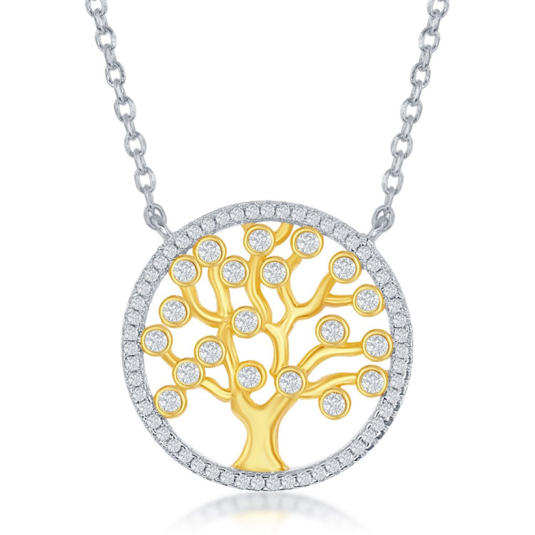 Sterling Silver Round CZ Tree Necklace - Gold Plated