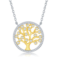 Sterling Silver Round CZ Tree Necklace - Gold Plated