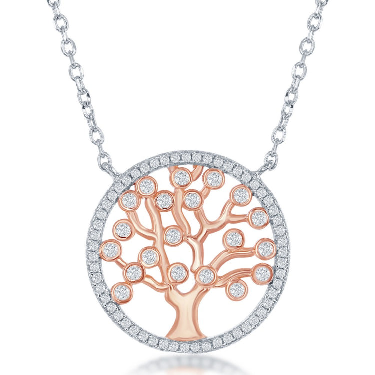 Sterling Silver Round CZ Tree Necklace - Rose Gold Plated