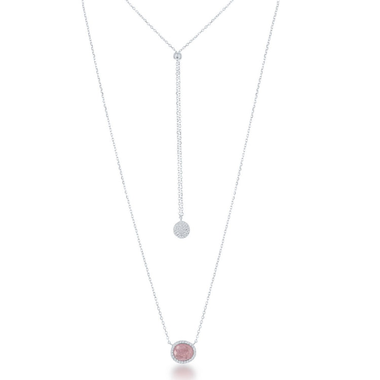 (SPECIAL ORD) Sterling Silver Adjustable Oval Light Pink Ice with CZ Disc in the Back Bolo Necklac