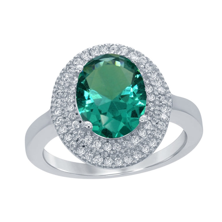 Sterling Silver Oval Simulated Emerald with CZ Border Ring