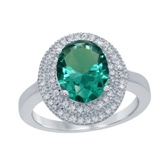 Sterling Silver Oval Simulated Emerald with CZ Border Ring