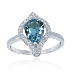 Sterling Silver Large Teardrop Simulated Blue Topaz with CZ Border Ring