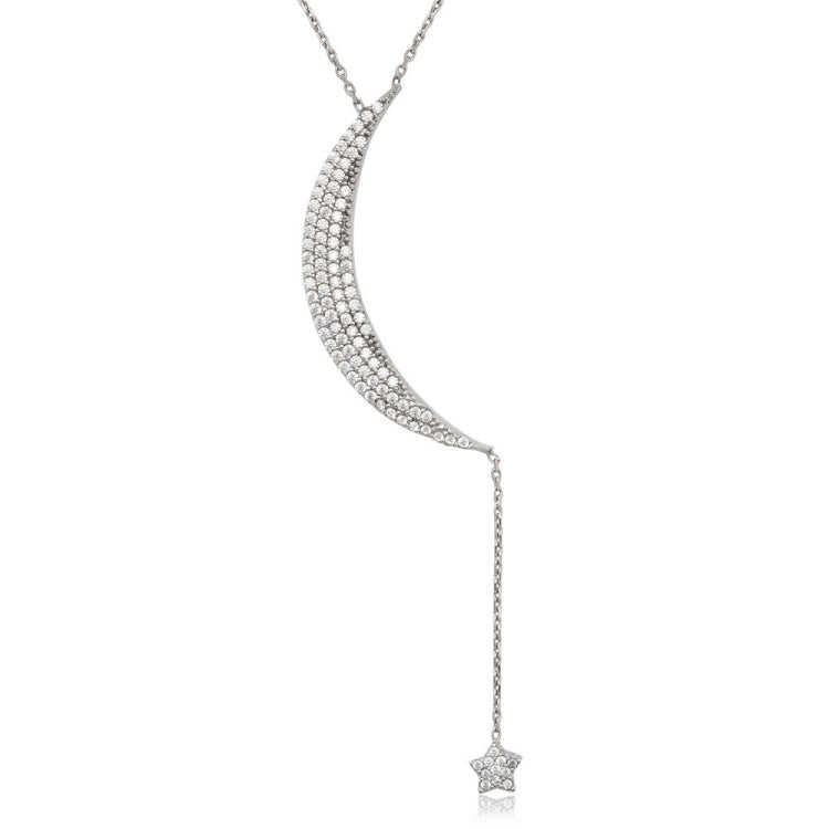 Sterling Silver Large CZ Crescent Moon with Dangling Chain and Small Star Necklace